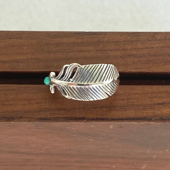 Sterling Silver 925 Dainty Round Turquoise Cabochon Feather Band Ring Size 5.5 - Picture 5 of 16